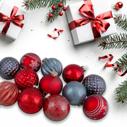 12ct. 3" Red & Blue Finnial & Glass Ball Christmas Ornaments